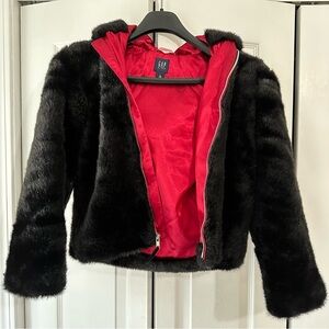 GAP Black Faux Fur Kids Jacket with Red Lining
